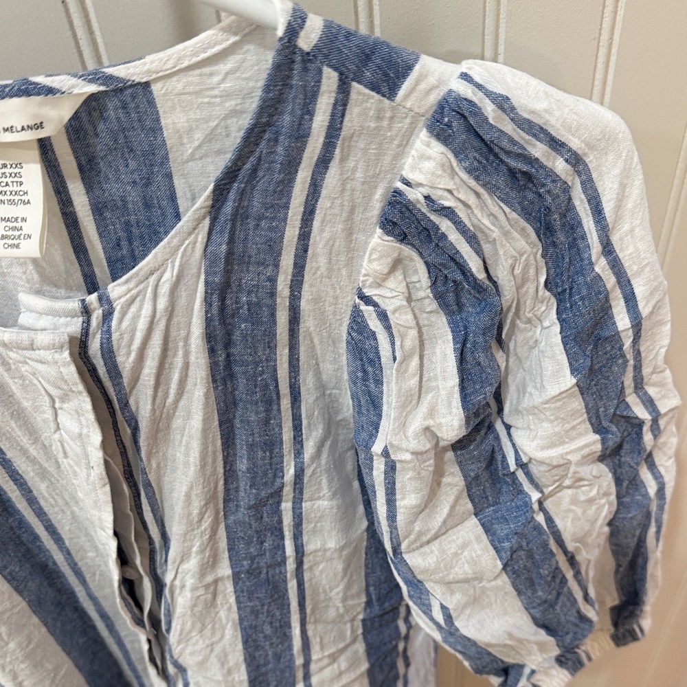 H&M Blue and White Striped Linen-Blend Shirt Dress XXS coastal puff sleeve - Picture 3 of 4